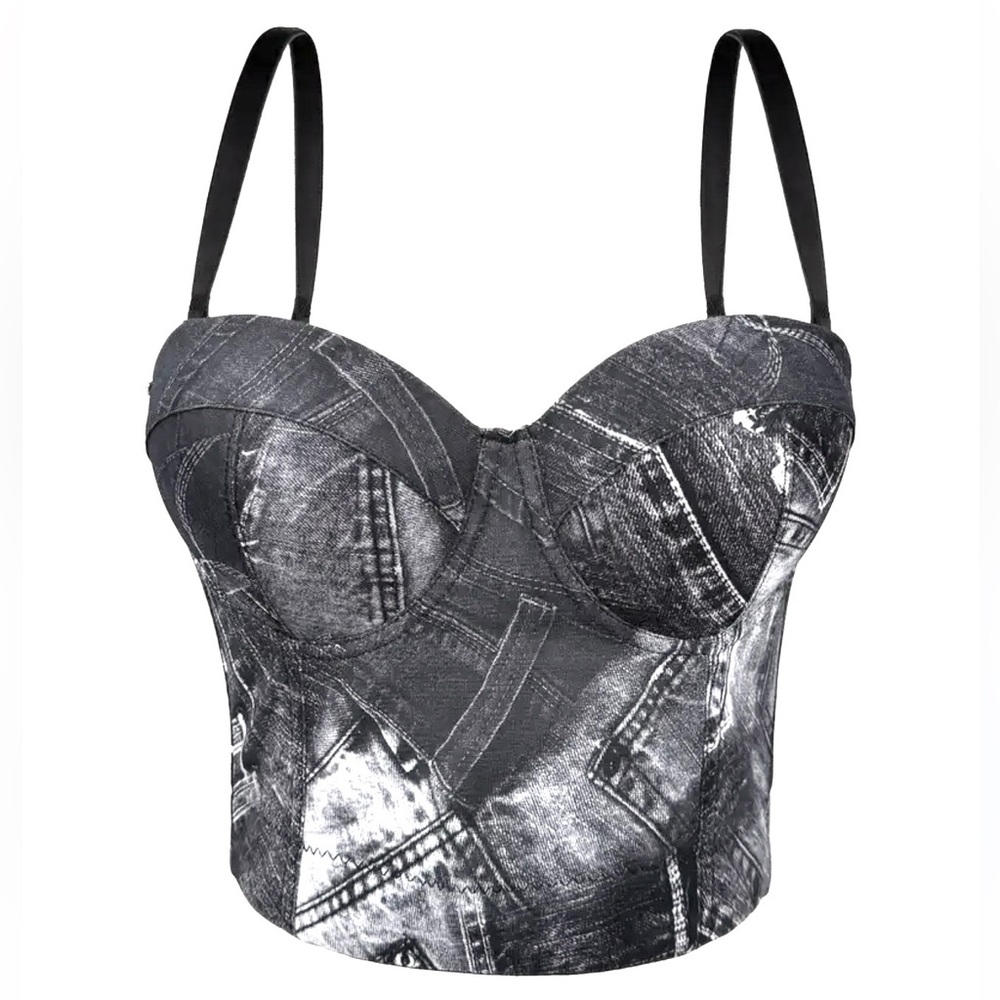 Kaylee Kolection Women’s Black White Denim Print Bustier Corset Top Size L NWT